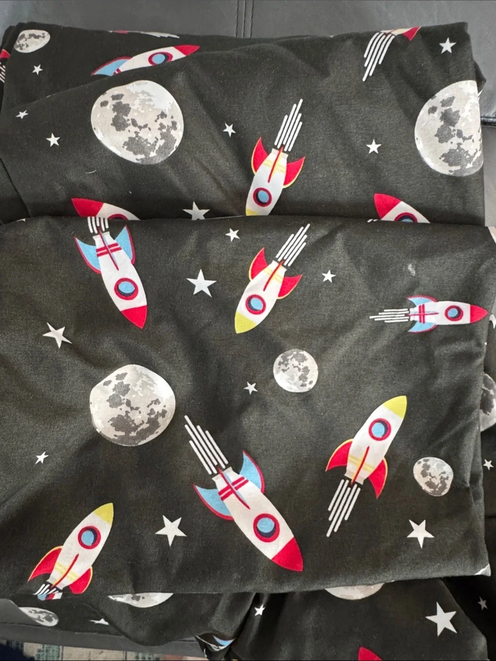 Space Rocket Print Black Full Sheet Set - Rocket & Moon Design